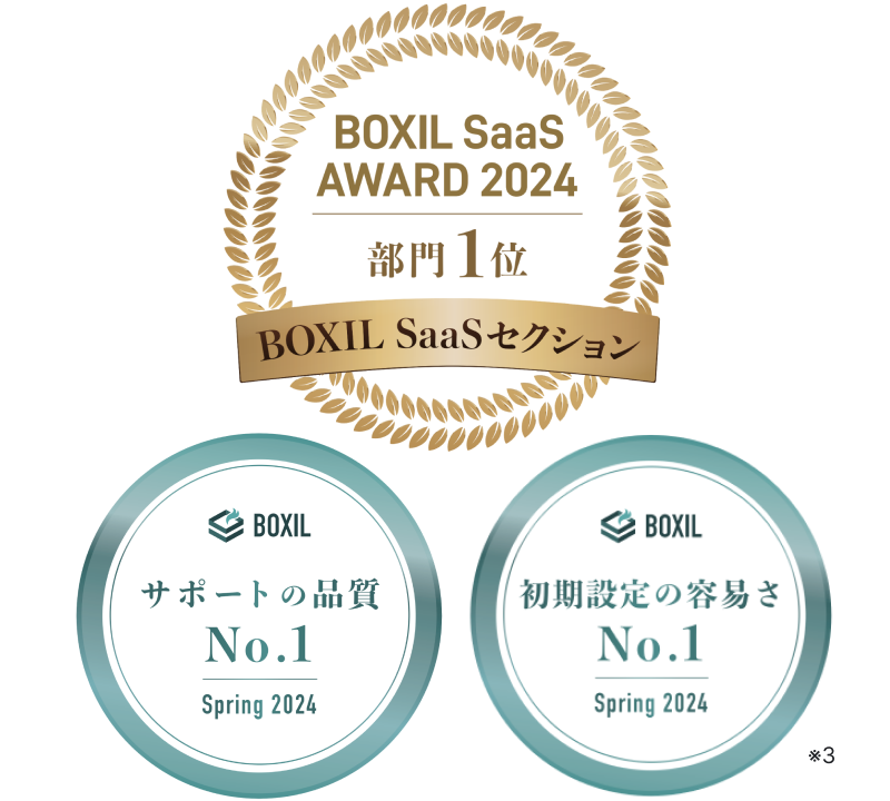 BOXIL SaaS AWARD 2024 BOXIL SaaSセクション部門１位　サポートの品質No.1　初期設定の容易さNo.1 ※3